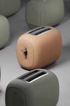 several toasters with different colors and shapes on them