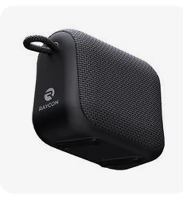 the bluetooth speaker is black and has a cord attached to it