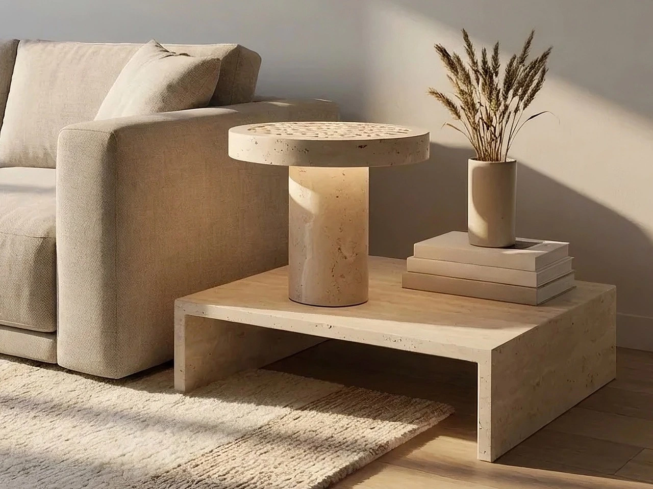 travertine，Sukun，装饰性石材雕刻，水刀切割，可充电氛围灯，