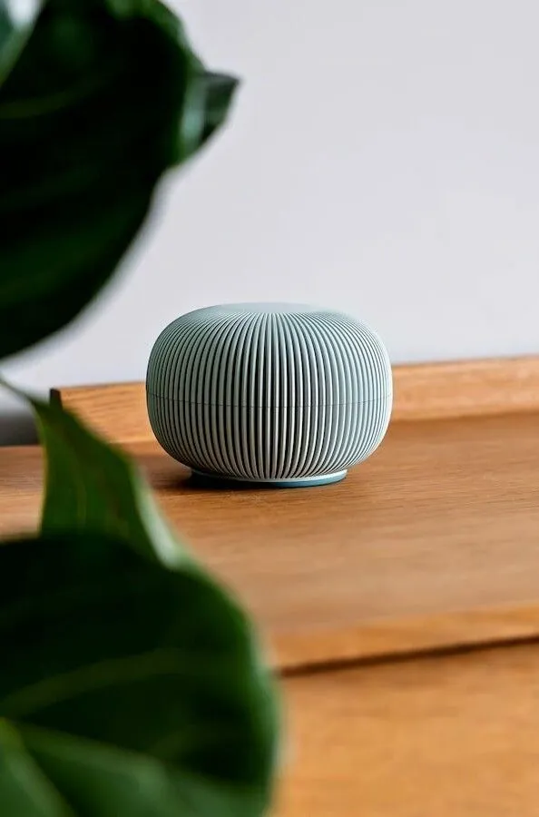a blue ceramic object sitting on top of a wooden table next
