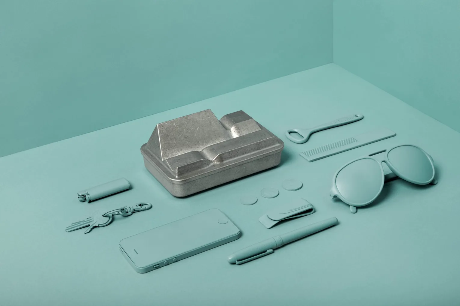 VALLEY landscape organizing box holds phone, cards and glass