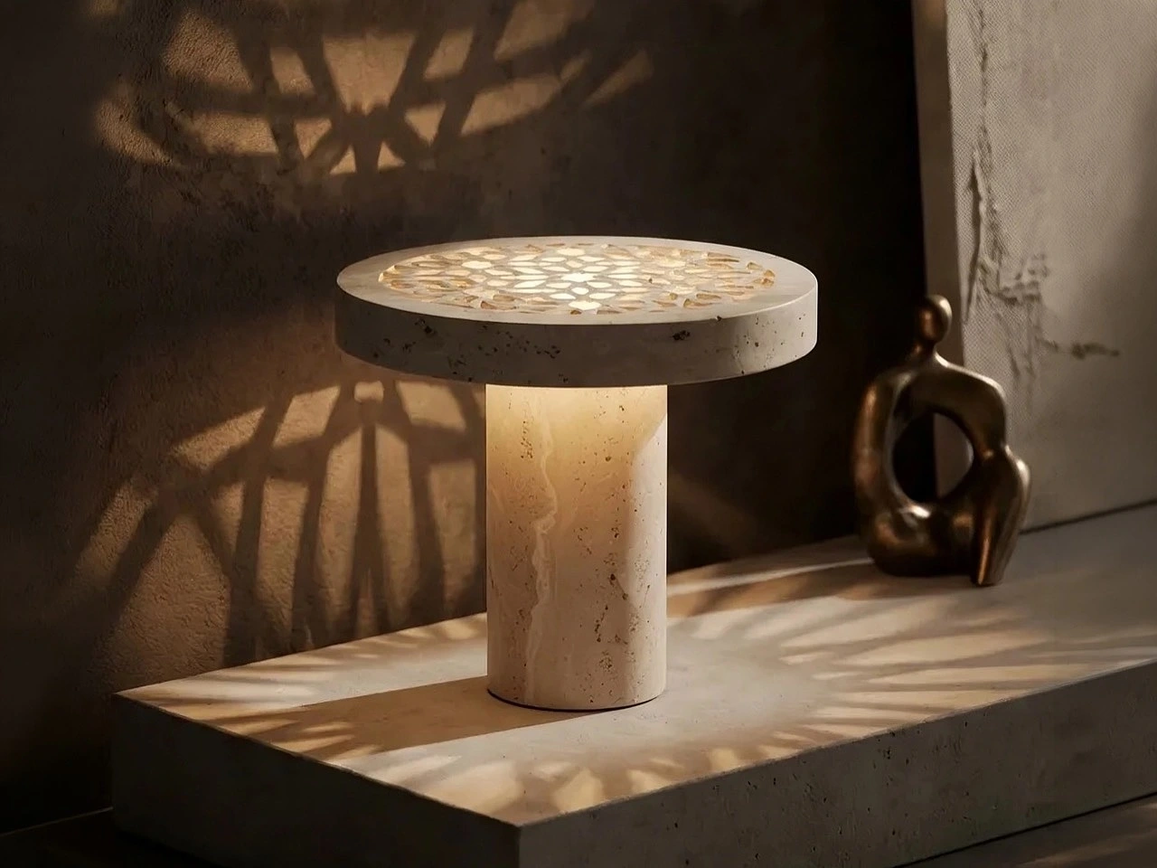 travertine，Sukun，装饰性石材雕刻，水刀切割，可充电氛围灯，